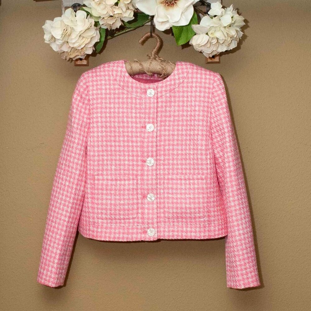 NWT J. Crew Tweed Houndstooth Lady Jacket in Pink Himalayan Spice size 10